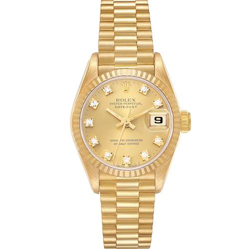 The Rolex President 69178 Women's Yellow Gold Champagne Dial model watch is shown from a top-down angle, highlighting the face, bezel, and bracelet in gold.