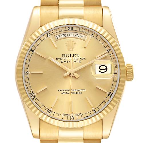 The Rolex President 118238 Men's Yellow Gold Champagne Dial model is shown from the front, highlighting the face, day-date display, and partial bracelet.