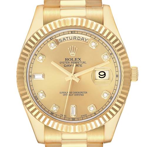 The Rolex President 218238 Men's Yellow Gold Champagne Dial watch is shown from a top view, highlighting its bezel, dial, and bracelet.