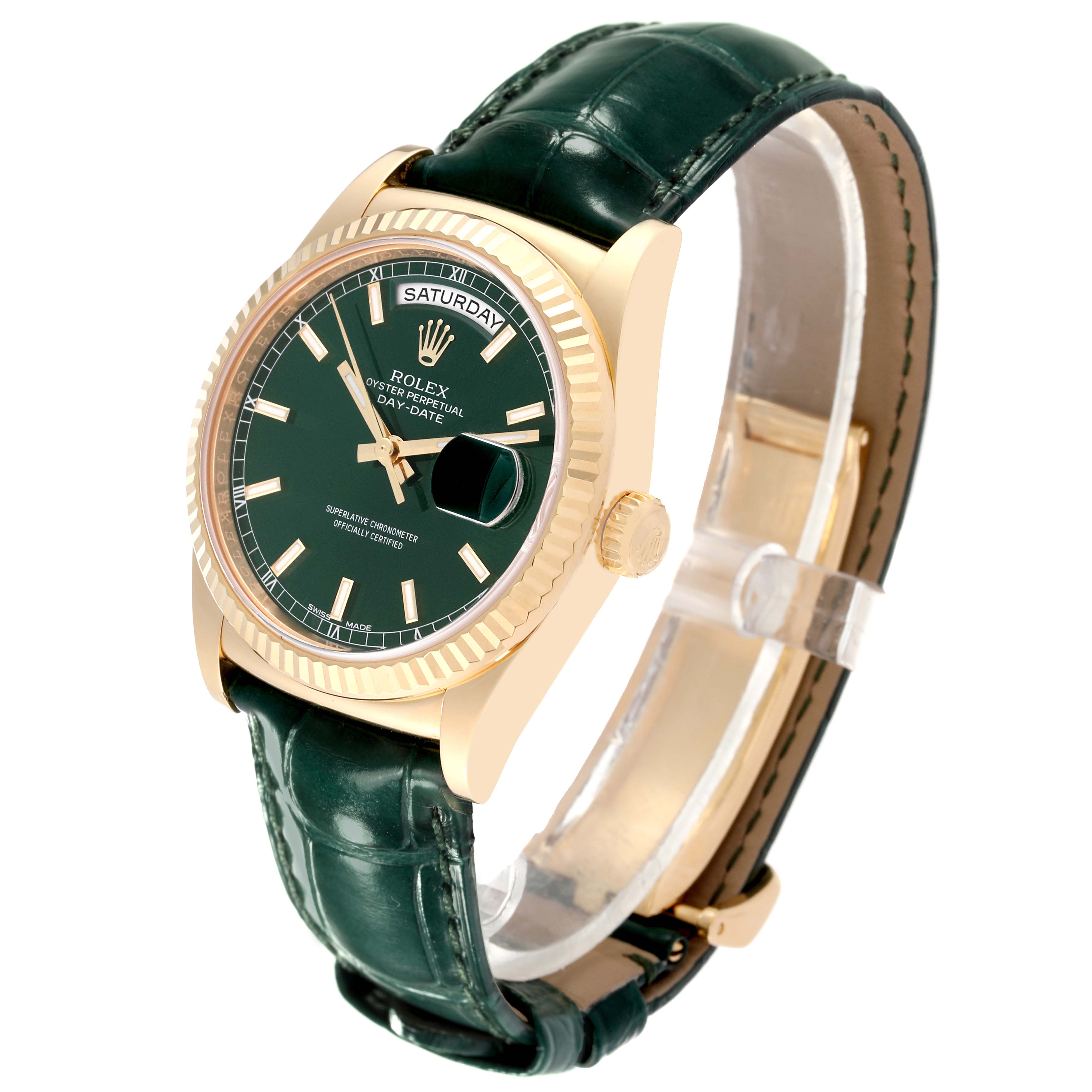 This image shows a Rolex President 118138 Men's Yellow Gold Green Dial 118138 Men's Yellow Gold Green Dial model watch angled from the front-left, highlighting the green dial, gold case, and green leather strap.