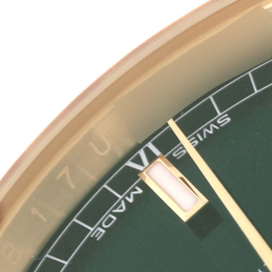The close-up image shows part of the dial, indices, minute hand, and "Swiss Made" text on a Rolex President 118138 Men's Yellow Gold Green Dial 118138 Men's Yellow Gold Green Dial model watch.