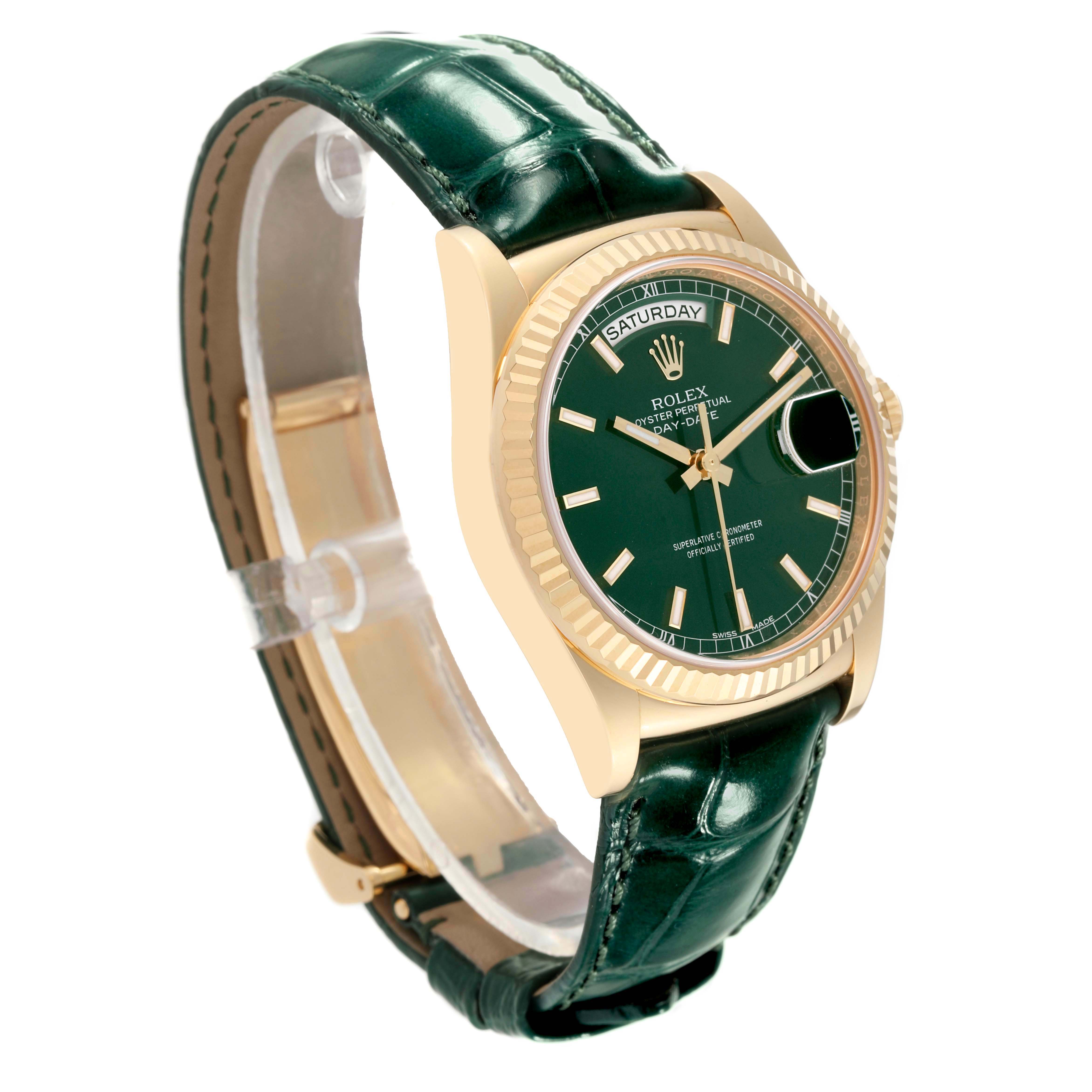 The image shows a side view of a Rolex President 118138 Men's Yellow Gold Green Dial 118138 Men's Yellow Gold Green Dial model watch, featuring a gold case and green leather strap.