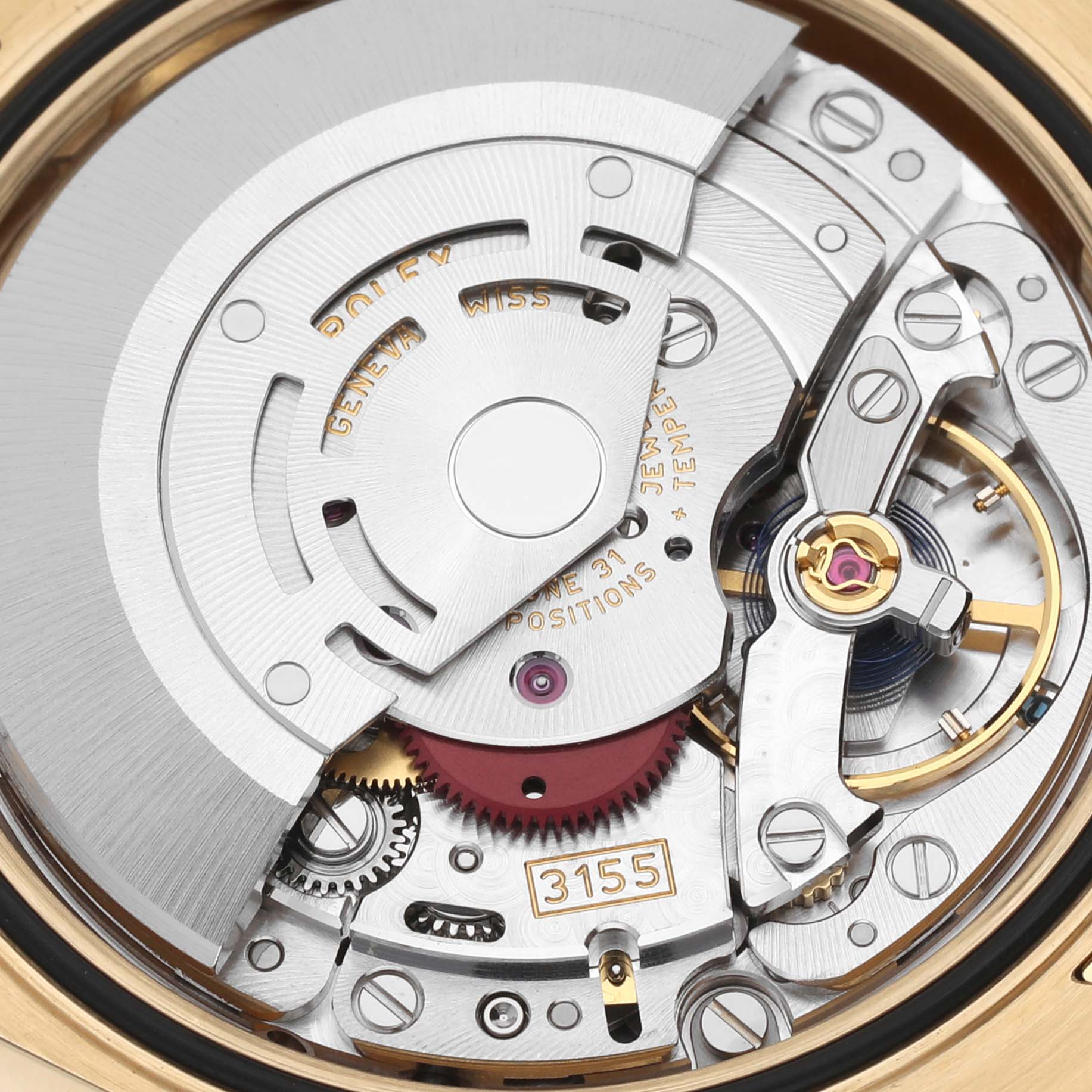 This image shows the intricate inner movement and mechanism of the Rolex President 118138 Men's Yellow Gold Green Dial 118138 Men's Yellow Gold Green Dial model watch.