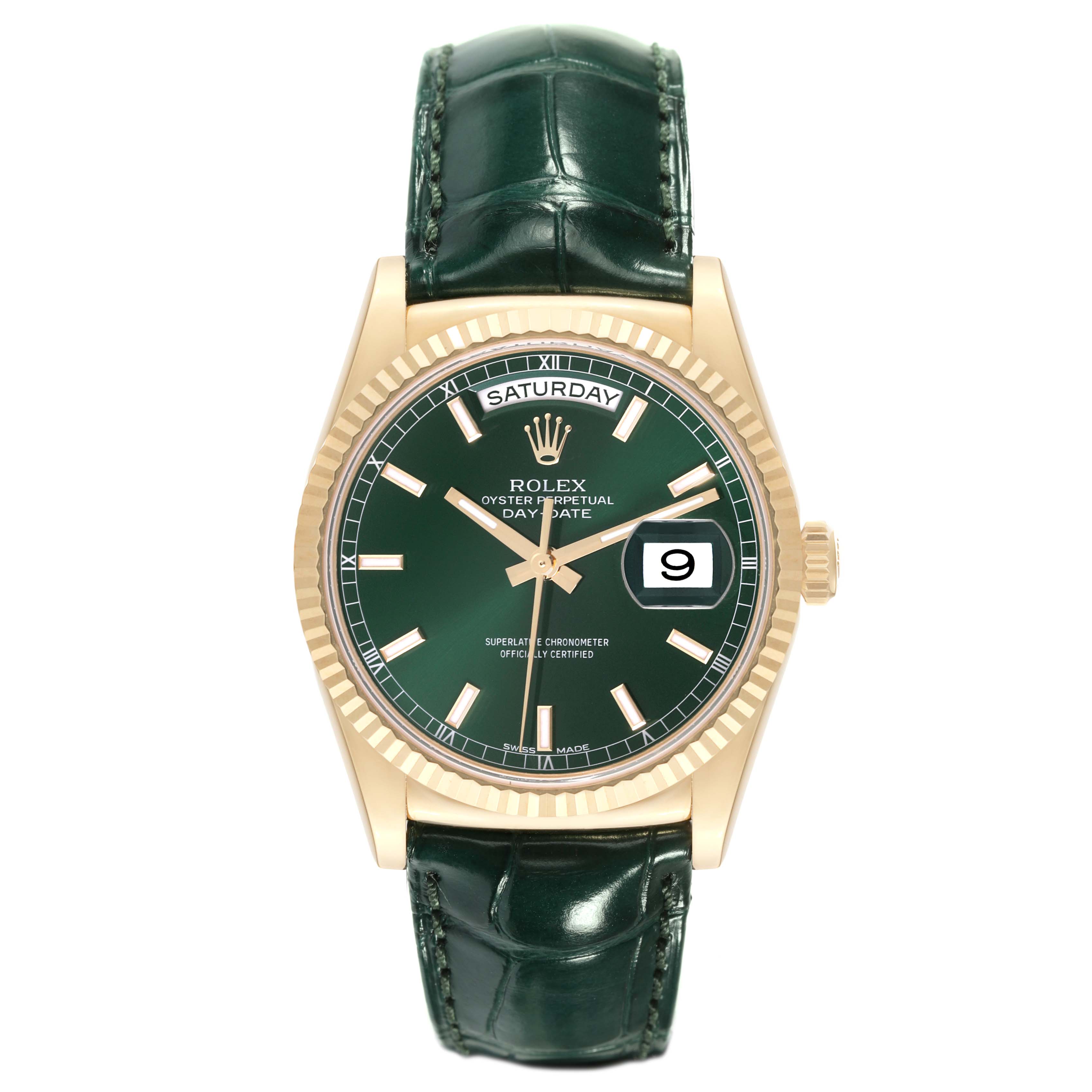 This image shows a Rolex President 118138 Men's Yellow Gold Green Dial 118138 Men's Yellow Gold Green Dial model watch from a front angle, highlighting the green dial, day and date indicators, and leather strap.