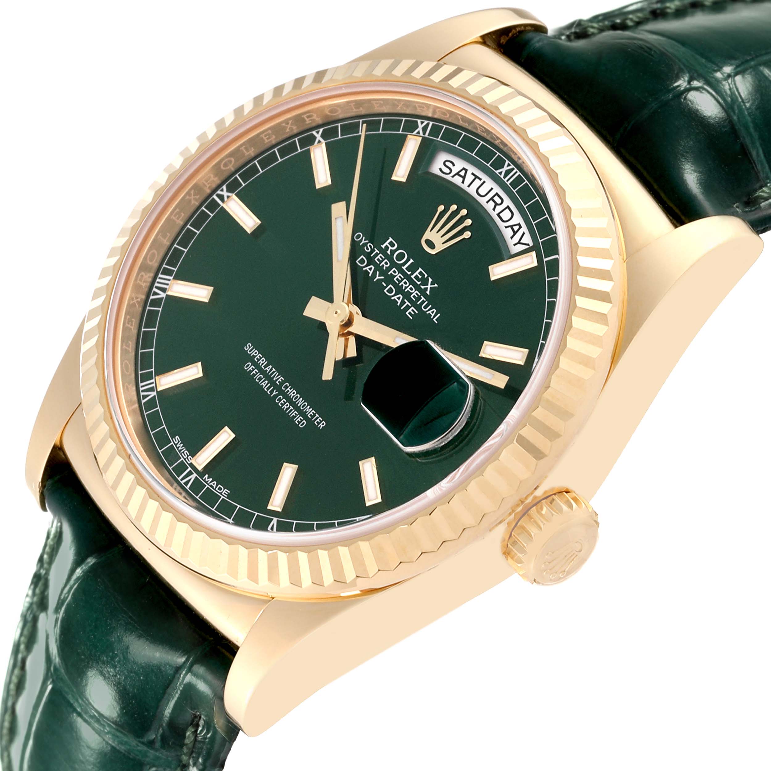 The Rolex President 118138 Men's Yellow Gold Green Dial 118138 Men's Yellow Gold Green Dial model watch is shown from an angle highlighting the green dial, fluted bezel, crown, and leather strap.