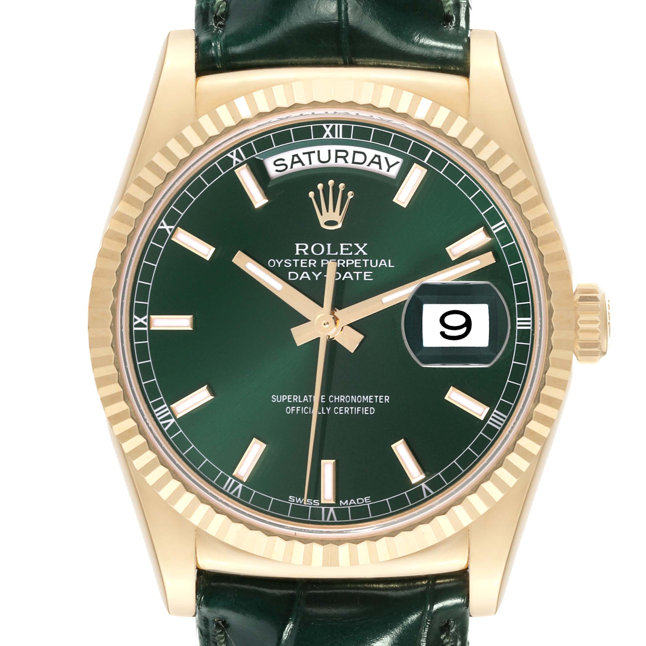 This image shows a Rolex President 118138 Men's Yellow Gold Green Dial 118138 Men's Yellow Gold Green Dial model watch from a straight-on angle, highlighting the green dial, gold case, and day-date display.