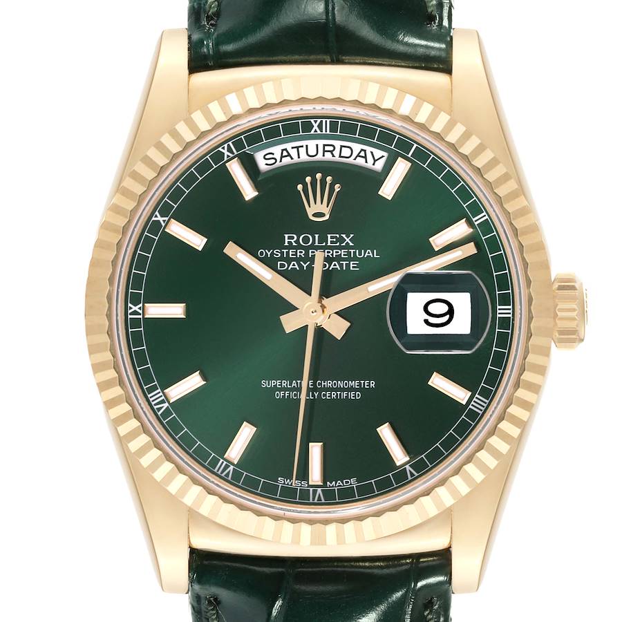 This image shows a Rolex President 118138 Men's Yellow Gold Green Dial 118138 Men's Yellow Gold Green Dial model watch from a straight-on angle, highlighting the green dial, gold case, and day-date display.