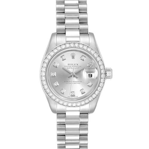 The Rolex President 179136 Women's Platinum Silver Dial 179136 Women's Platinum Silver Dial model is shown from a front angle, displaying its face, bezel, and bracelet with diamond hour markers.