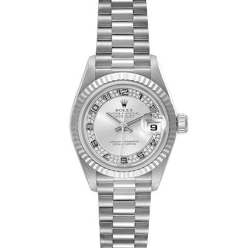 This image shows a front view of a Rolex President 69179 Women's White Gold Silver Dial 69179 Women's White Gold Silver Dial model watch, highlighting its dial, bracelet, and date window.