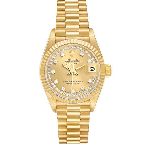 The Rolex President 69178 Women's Yellow Gold Champagne Dial model watch is shown from a top-down angle, highlighting its gold bracelet, bezel, and diamond-set dial.