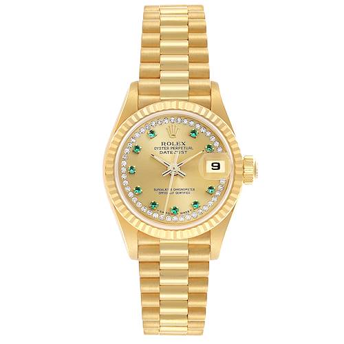 The Rolex President 69178 Women's Yellow Gold Champagne Dial model watch is shown from a top-down angle, highlighting the dial, bezel, and bracelet.