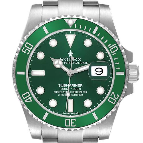 The Rolex Submariner 116610 Men's Stainless Steel Green Dial watch is shown from the front, displaying the green dial, bezel, crown, and part of the bracelet.