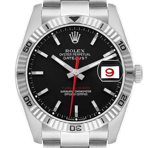 The image shows a front view of the Rolex Turn-o-Graph 116264 Men's Stainless Steel Black Dial watch, highlighting its bezel, dial, and bracelet.