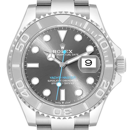 The image shows a front view of the Rolex Yacht-Master 126622 Men's Stainless Steel Silver Dial 126622 Men's Stainless Steel Silver Dial watch, highlighting its dial, bezel, and bracelet.
