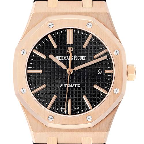 The image shows a frontal view of the Audemars Piguet Royal Oak 15400OR Men's Rose Gold Black Dial, highlighting its dial, hands, bezel, case, and crown.