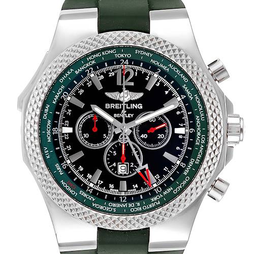 The image shows a front view of the Breitling Bentley A47362S4/B919-214S Men's Stainless Steel Black Dial A47362S4/B919-214S Men's Stainless Steel Black Dial watch, highlighting its dial, bezel, and pushers.