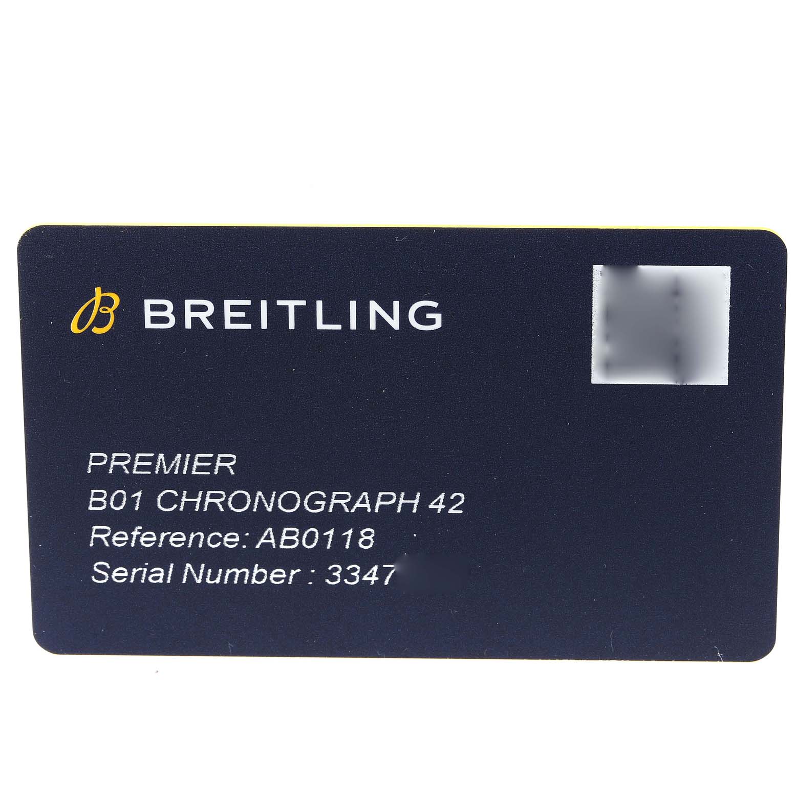 The image shows the identification card for the Breitling Premier AB0118 Men's Stainless Steel Green Dial AB0118 Men's Stainless Steel Green Dial B01 Chronograph 42 watch, displaying the reference and serial number.