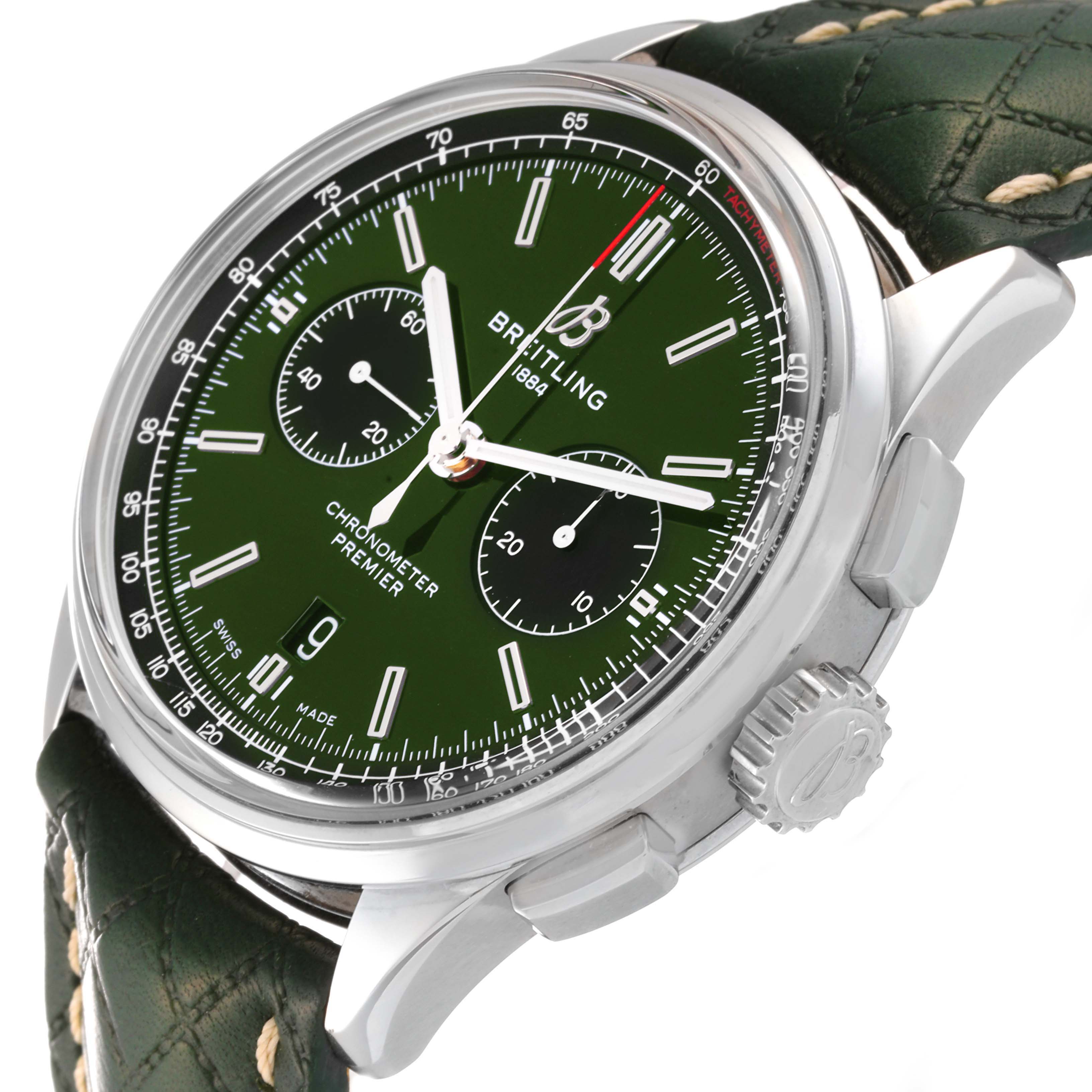 This image shows a close-up angle of a Breitling Premier AB0118 Men's Stainless Steel Green Dial AB0118 Men's Stainless Steel Green Dial watch, emphasizing the green dial, sub-dials, and side pushers.