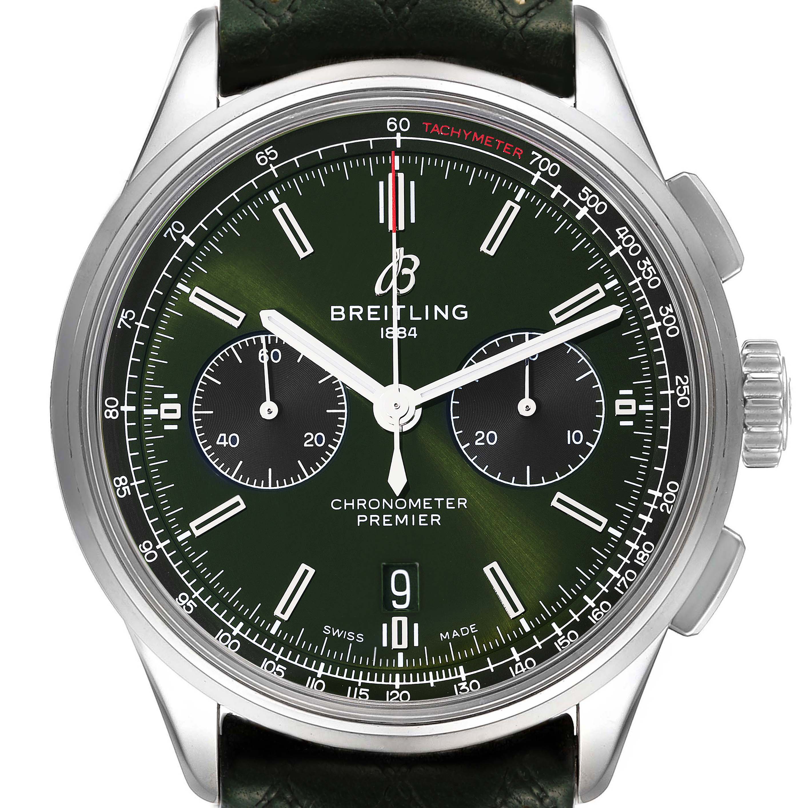 The image shows a frontal view of a Breitling Premier AB0118 Men's Stainless Steel Green Dial AB0118 Men's Stainless Steel Green Dial watch highlighting its green dial, subdials, date window, and tachymeter scale.