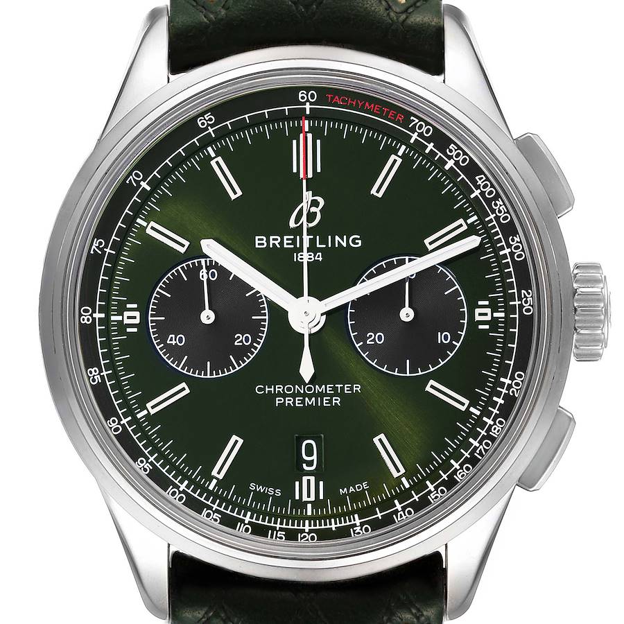 The image shows a frontal view of a Breitling Premier AB0118 Men's Stainless Steel Green Dial AB0118 Men's Stainless Steel Green Dial watch highlighting its green dial, subdials, date window, and tachymeter scale.