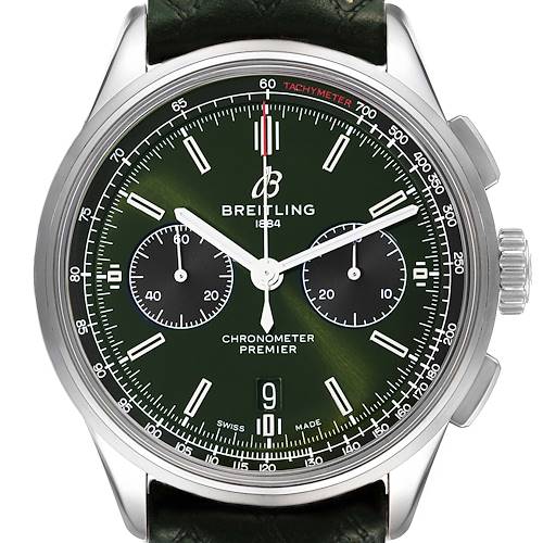 This image shows a front view of the Breitling Premier AB0118 Men's Stainless Steel Green Dial AB0118 Men's Stainless Steel Green Dial model watch, displaying the dial, hands, subdials, crown, and tachymeter scale.