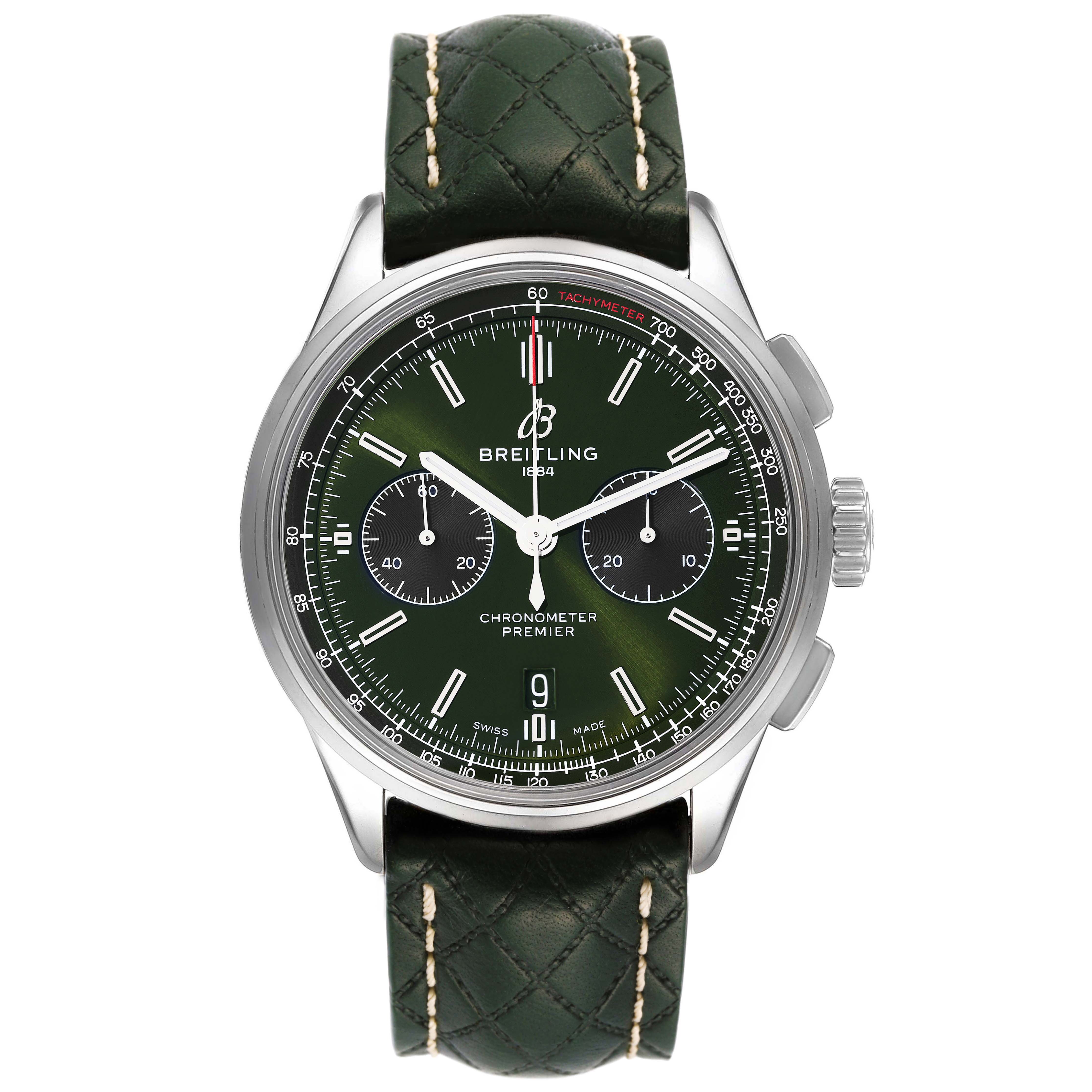 The Breitling Premier AB0118 Men's Stainless Steel Green Dial AB0118 Men's Stainless Steel Green Dial Chronometer watch is shown from a front view, displaying its face, both chronograph dials, and green leather strap.