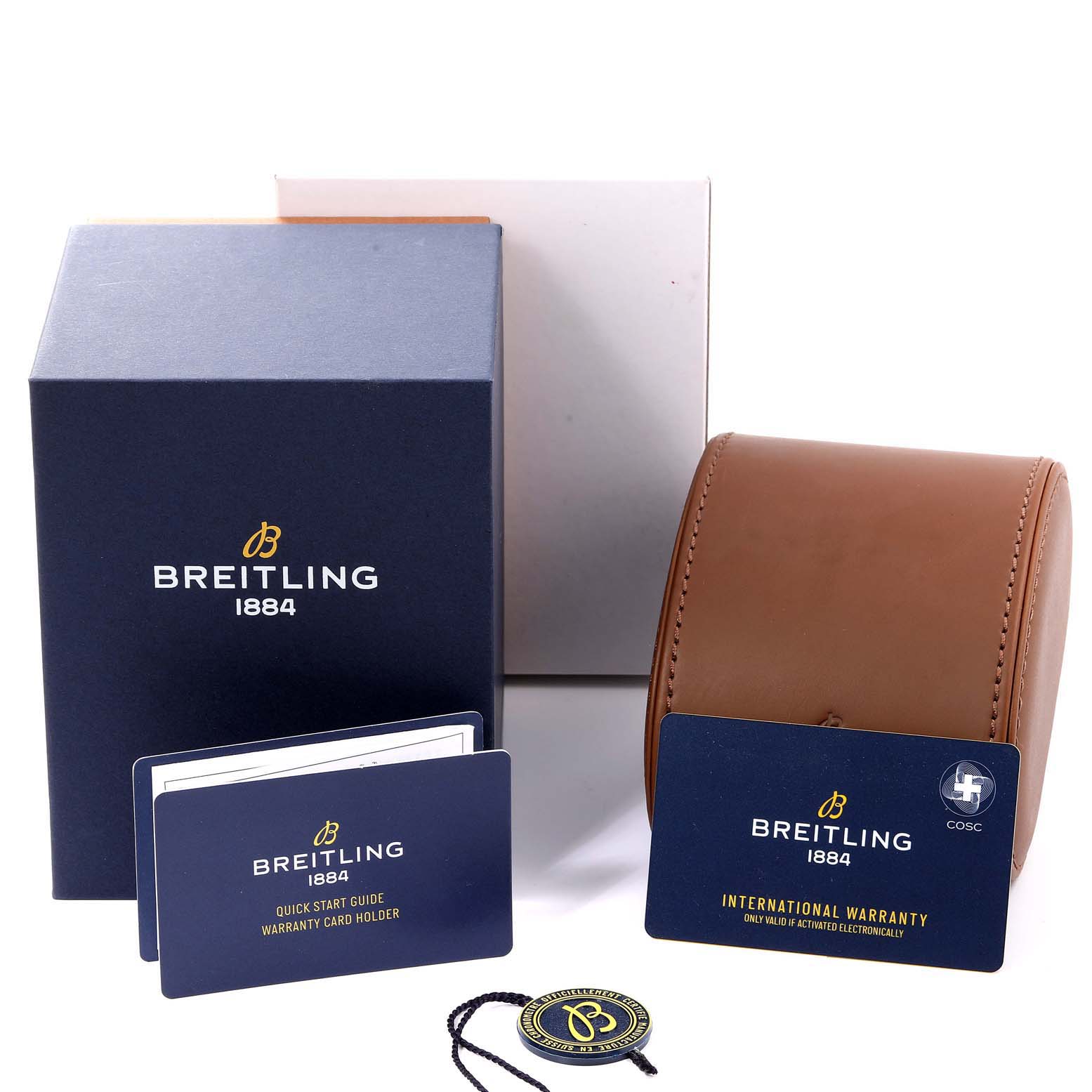 This image shows the packaging, international warranty card, quick start guide, and a leather travel case for the Breitling Premier AB0118 Men's Stainless Steel Green Dial AB0118 Men's Stainless Steel Green Dial model.