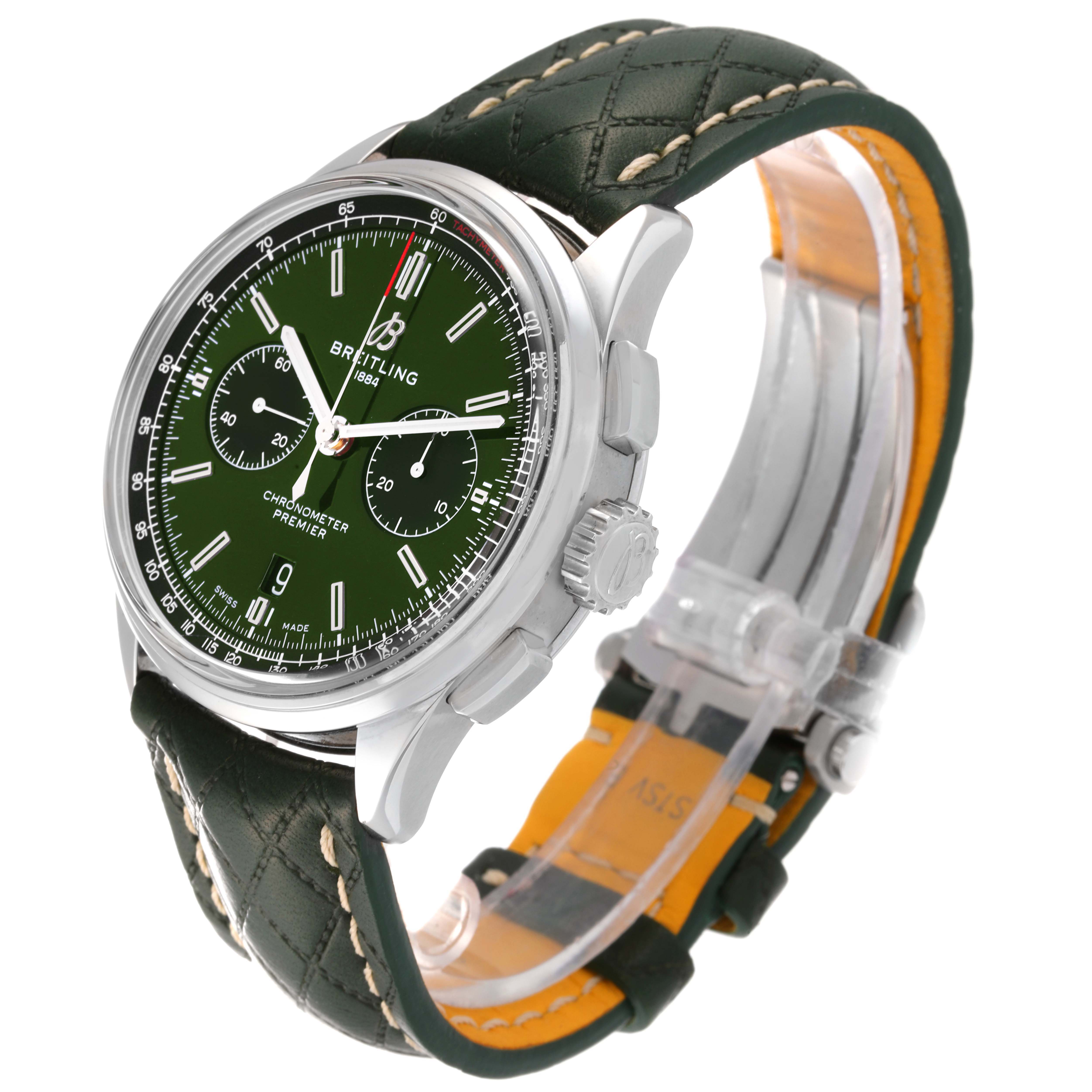 The Breitling Premier AB0118 Men's Stainless Steel Green Dial AB0118 Men's Stainless Steel Green Dial model watch is shown at a three-quarter angle, highlighting its green dial, dual sub-dials, and leather strap.