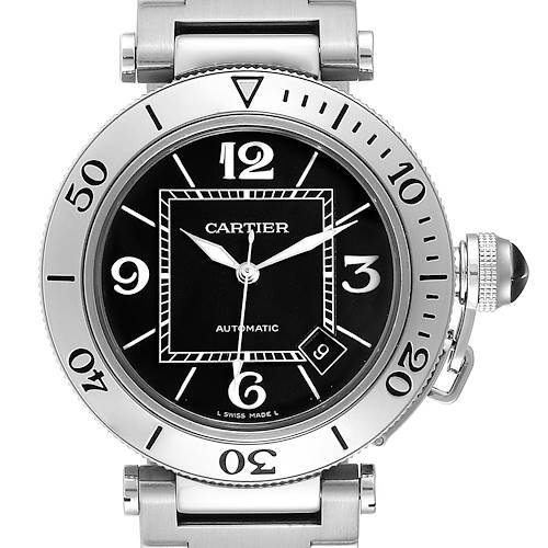 The image shows a front view of a Cartier Pasha W31077M7 Men's Stainless Steel Black Dial W31077M7 Men's Stainless Steel Black Dial watch, highlighting the dial, bezel, and crown.