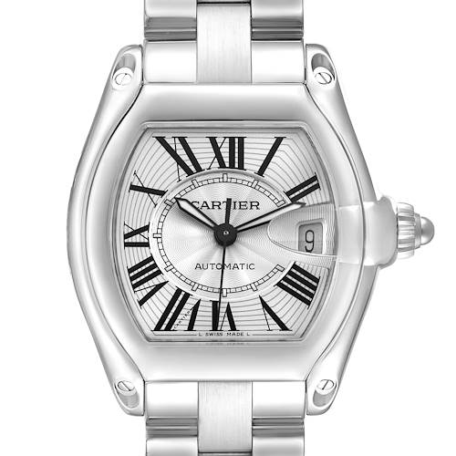The Cartier Roadster W62025V3 Men's Stainless Steel Silver Dial watch is shown from a direct front angle, highlighting the dial, case, and partial bracelet.