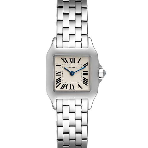 The image shows a Cartier Santos Demoiselle W25064Z5 Women's Stainless Steel Silver Dial W25064Z5 Women's Stainless Steel Silver Dial watch from a straight-on angle, highlighting the face and part of the bracelet.