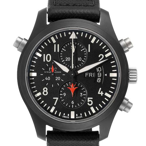 The image shows a front view of an IWC Pilot IW379901 Men's Ceramic Black Dial IW379901 Men's Ceramic Black Dial model watch, displaying its black dial, chronograph subdials, and date window.