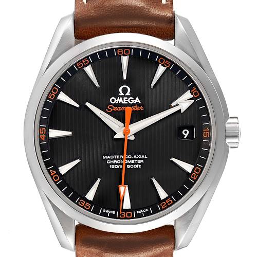 The Omega Aqua Terra 231.12.42.21.01.002 Men's Stainless Steel Black Dial watch is shown in a front view, displaying its face, hands, bezel, and brown leather strap.