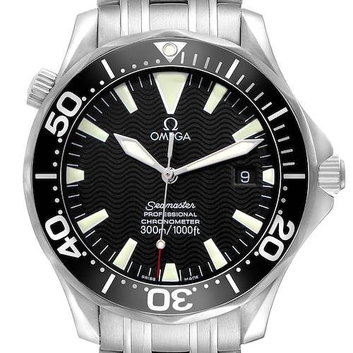 The Omega Seamaster 2254.50.00 Men's Stainless Steel Black Dial watch is shown from the front, highlighting its face, bezel, luminescent markers, and crown.