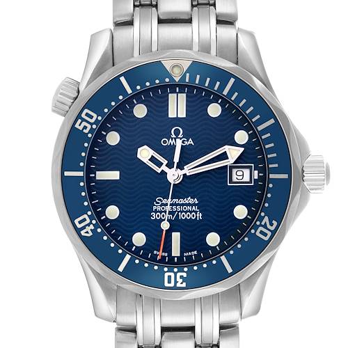 The Omega Seamaster 2561.80.00 Men's Stainless Steel Blue Dial watch is shown from a top-down angle, displaying the face, bezel, crown, and part of the bracelet.