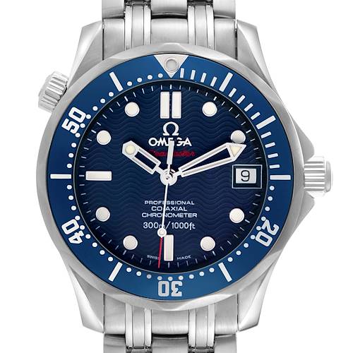 The Omega Seamaster 2222.80.00 Men's Stainless Steel Blue Dial watch is shown from the front, displaying its face, bezel, and bracelet.