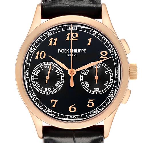 The Patek Philippe Complications 5170 Men's Rose Gold Black Dial watch is shown from the front, displaying the dial, subdials, crown, and leather strap.