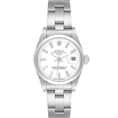 The Rolex Date 69160 Women's Stainless Steel White Dial watch is shown from the front, displaying the dial, hands, crown, bracelet, and date window.