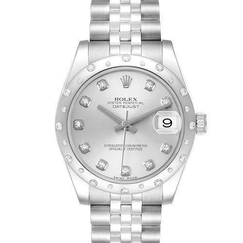 This image shows a front view of the Rolex Datejust Mid-Size model, highlighting the dial, bezel, and part of the bracelet.
