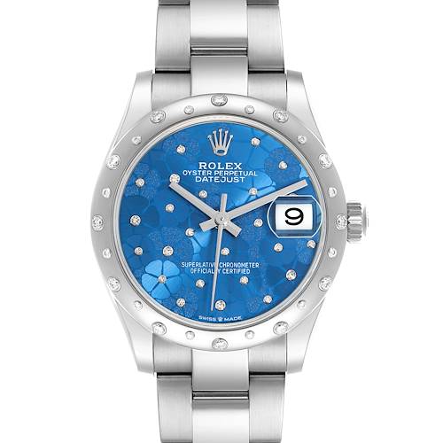 The Rolex Datejust 278344 Women's Stainless Steel Blue Dial watch is shown from a front angle, featuring a blue dial, diamond markers, date window, bezel, and part of the bracelet.