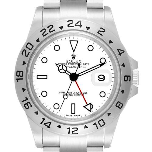 The Rolex Explorer 16570 Men's Stainless Steel White Dial II watch is shown from a front angle, highlighting the dial, bezel, date window, and bracelet.