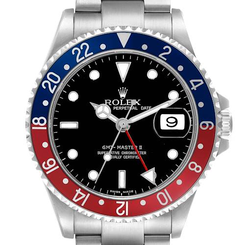 The Rolex GMT-Master 16710 Men's Stainless Steel Black Dial watch is shown from the front, displaying its bezel, dial, hands, and bracelet.