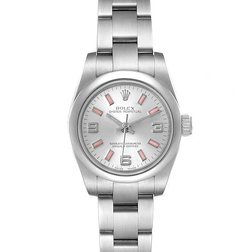 This image shows a Rolex Oyster Perpetual 176200 Women's Stainless Steel Silver Dial 176200 Women's Stainless Steel Silver Dial watch viewed from the front, displaying its face, bezel, case, and metal bracelet.