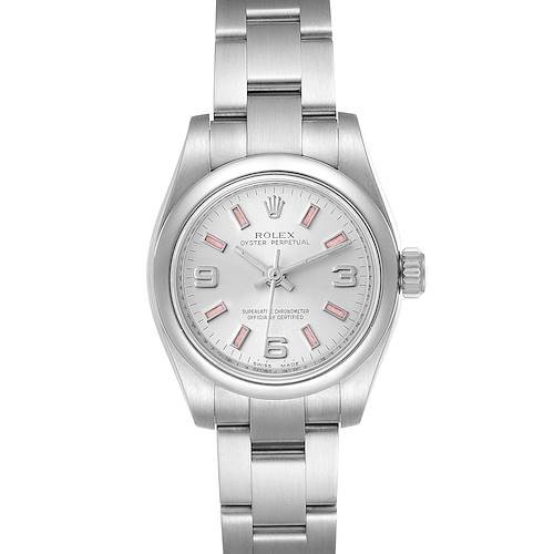The image shows a front view of a Rolex Oyster Perpetual 176200 Women's Stainless Steel Silver Dial 176200 Women's Stainless Steel Silver Dial watch, including its dial, hands, crown, and bracelet.