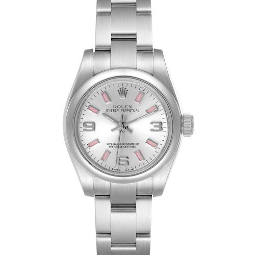 The Rolex Oyster Perpetual 176200 Women's Stainless Steel Silver Dial 176200 Women's Stainless Steel Silver Dial watch is shown from the front, displaying its dial, bracelet, and crown.