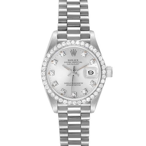 The image shows a frontal view of a Rolex President 69139 Women's White Gold Silver Dial 69139 Women's White Gold Silver Dial Datejust watch, highlighting its bracelet, bezel, dial, and date window.