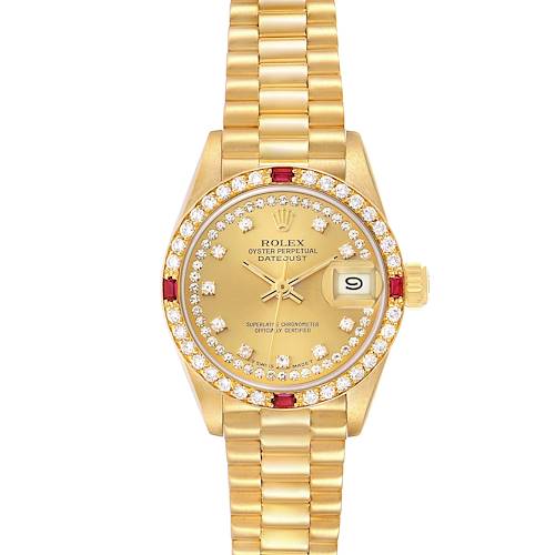 The image shows a front view of a Rolex President 69068 Women's Yellow Gold Champagne Dial model watch, featuring a gold case, diamond bezel, and bracelet.