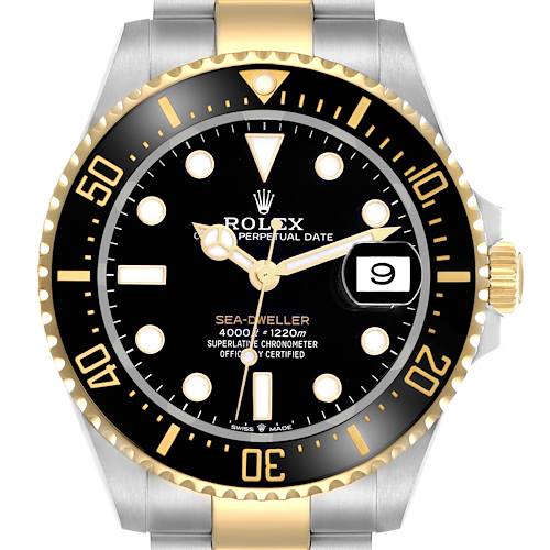 The Rolex Sea-Dweller 126603 Men's Steel and Gold (two tone) Black Dial watch is shown from a front angle, highlighting the dial, bezel, and part of the bracelet.