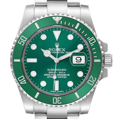 The image shows a front view of the Rolex Submariner 116610LV Men's Stainless Steel Green Dial watch, displaying its green bezel, dial, and date window.