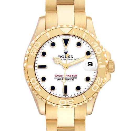 The Rolex Yacht-Master 68628 Men's Yellow Gold White Dial is shown from a top-down view, highlighting the dial, bezel, and bracelet.